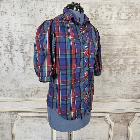 Vintage 1980s Plaid Blouse Grunge Shirt Top M Dark Academia Puff Sleeve - Picture 5 of 8